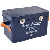 Seed packet storage tin with leather handles in Atlantic Blue, by Burgon & Ball