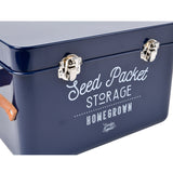 Seed packet storage tin with leather handles in Atlantic Blue, by Burgon & Ball