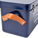 Seed packet storage tin with leather handles in Atlantic Blue, by Burgon & Ball